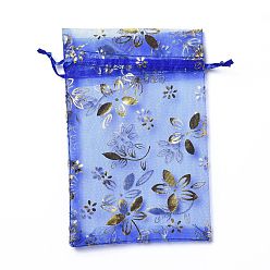 Blue Organza Drawstring Jewelry Pouches, Wedding Party Gift Bags, Rectangle with Gold Stamping Flower Pattern, Blue, 15x10x0.11cm