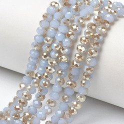 Light Steel Blue Electroplate Glass Beads Strands, Imitation Jade Beads, Half Plated, Rainbow Plated, Faceted, Rondelle, Light Steel Blue, 8x6mm, Hole: 1mm, about 65~68pcs/strand, 15.7~16.1 inch(40~41cm)