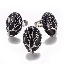 Obsidiana Anillos de dedo de obsidiana natural ajustables, con fornituras de latón de tono platino, oval, tamaño de 8, 18 mm