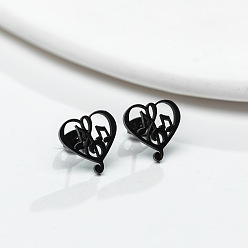 Electrophoresis Black 304 Stainless Steel Heart with Music Note Stud Earrings with 316 Stainless Steel Pins for Women, Electrophoresis Black, 13x13mm