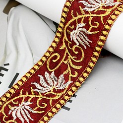 Dark Red Embroidery Polyester Ribbon, Jacquard Ribbon, Garment Accessories, Floral, Dark Red, 1-5/8 inch(40mm), 10 yards/roll