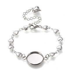 Stainless Steel Color 304 Stainless Steel Bracelet Making, with Lobster Claw Clasps, Heart Link Chains and Flat Round Cabochon Settings, Stainless Steel Color, Tray: 12mm, 6 inch(15.3cm)