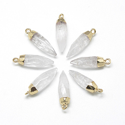 Cristal de cuarzo Naturales de cuarzo cristales pendientes puntiagudos, colgantes de cristal de roca, con fornituras de latón, facetados, bala, dorado, 25~27x8 mm, agujero: 2 mm