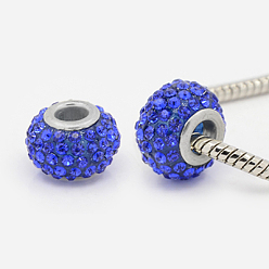 Saphir Rhinestone de résine de perles européennes, Perles avec un grand trou   , rondelle, de couleur métal platine , saphir, 15x10mm, Trou: 5mm