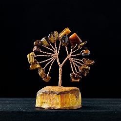 Ojo de Tigre Adornos naturales para árboles con chips de ojo de tigre, Base de piedras preciosas con alambre de cobre, regalo de piedra energética feng shui para decoración de escritorio de oficina en casa, 5.5~7.5x3.5~5.5 cm
