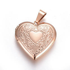 Rose Gold 304 Stainless Steel Locket Pendants, Photo Frame Charms for Necklaces, Heart, Rose Gold, 29x29x6.5mm, Hole: 4.5x9mm, inner diameter: 20x21mm