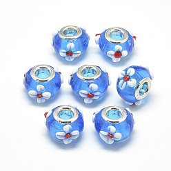 Bleu Dodger Perles européennes en lampwork faits à la main, lampwork bosselé, en laiton de platine noyaux doubles, Perles avec un grand trou   , Rondelle avec des fleurs, Dodger bleu, 16x14x10.5mm, Trou: 5mm
