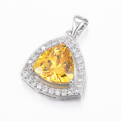 Gold Trendy Brass Micro Pave Cubic Zirconia Pendants, Faceted, Triangle, Platinum, Gold, 23x16x6.5mm, Hole: 5x3.5mm