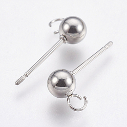 Stainless Steel Color 304 Stainless Steel Ball Stud Earring Findings, with Loop, Round, Stainless Steel Color, 17mm, Hole: 2mm, Pin: 0.8mm