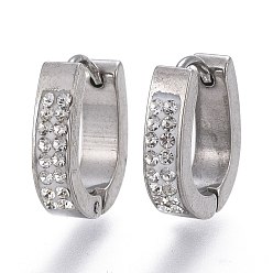 Stainless Steel Color 304 Stainless Steel Huggie Hoop Earrings, with Polymer Clay Rhinestone, Ring, Crystal, Stainless Steel Color, 16x14x4mm, Pin: 1mm
