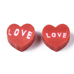 Brique Rouge Perles en fimo faits à la main, coeur avec l'amour des mots, firebrick, 8~8.5x9~9.5x4.5mm, Trou: 1.8mm