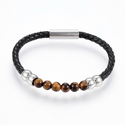 Tiger Eye Braided Leather Cord Bracelets, with Natural Tiger Eye and 304 Stainless Steel Magnetic Clasps, 8-1/4 inch(21cm), 5~8mm, Bead: 6.5mm