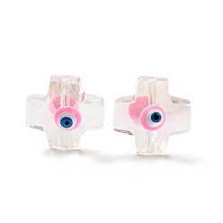 Perlas de Color Rosa Perlas de vidrio transparentes, con esmalte, cruz con patrón de mal de ojo, rosa perla, 14.5x14x9 mm, agujero: 1.2 mm