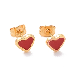 Red 304 Stainless Steel Enamel Stud Earrings, with 316 Surgical Stainless Steel Pin, Golden, Heart, Red, 7x7.5x2mm, Pin: 0.8mm
