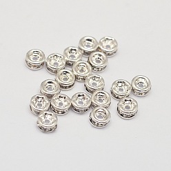 Argent Crémaillère plaquage grade laiton Rondelles strass perles d'espacement, couleur argent plaqué, 3x1.8mm, Trou: 0.5mm