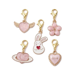 Golden Valentine's Day Theme Alloy Enamel Pendant Decoration, with Alloy Lobster Claw Clasps, Heart/Rabbit/Flower, Golden, 25.5~38mm