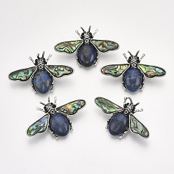 Lapis Lazuli Broches/pendentifs en lapis lazuli naturel, avec strass et les accessoires en alliage, coquille d'ormeau / coquille de paua et fond de résine, abeille, argent antique, 36x56.5x14mm, Trou: 7x4mm, pin: 0.7 mm