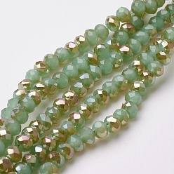 Light Green Electroplate Glass Beads Strands, Half Plated, Faceted, Rondelle, Light Green, 4~4.5x3mm, Hole: 0.5mm, about 130~135pcs/strand, 15.5~16 inch(39~40cm)