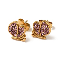Light Rose Rhinestone Butterfly Stud Earrings with 316 Surgical Stainless Steel Pins, Gold Plated 304 Stainless Steel Jewelry for Women, Light Rose, 9x9mm, Pin: 0.7mm