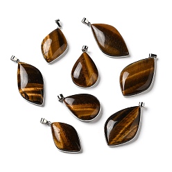 Tiger Eye Natural Tiger Eye Pendants, Leaf Charms, with Rack Plating Platinum Plated Brass Findings, Cadmium Free & Lead Free, 35.5~46.5x22~27x6.5~8.5mm, Hole: 5.4x4mm