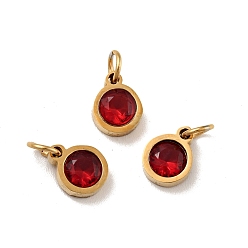 Dark Red Vacuum Plating 304 Stainless Steel Pendants, with Cubic Zirconia and Jump Rings, Single Stone Charms, Flat Round, Golden, Dark Red, 8.5x6.5x3mm, Hole: 3.6mm