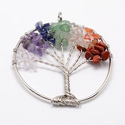 Mixed Stone Tree of Life Mixed Stone Bead Brass Wire Wrapped Big Pendants, Cadmium Free & Nickel Free & Lead Free, 50~64x48~52x5~8mm, Hole: 3~6mm