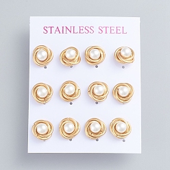 Golden 304 Stainless Steel Stud Earrings, Love Knot Earrings, with Plastic Imitation Pearl Beads and Ear Nuts, Golden, 11mm, Pin: 0.7mm, 6pairs/card