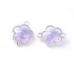 Lilac Glass Links connectors, with Eco-Friendly Alloy Open Back Berzel Findings, Flower, Silver Color Plated, Lilac, 15.5x12x5mm, Hole: 1.4mm