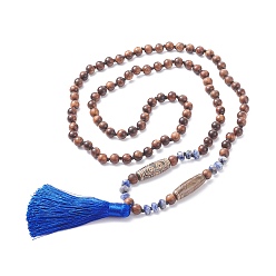 Brun Saddle 108 collier de perles de mala avec pompon, collier de perles de bois naturel et de jaspe bleu et d'agate, bijoux de prière de méditation pour les femmes, selle marron, 41.73 pouce (106 cm)