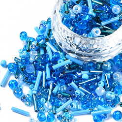 Dodger Blue Glass Seed Beads, Mixed Style, Mixed Shapes, Dodger Blue, 1~7x2~4mm, Hole: 0.7~1mm, about 450g/pound