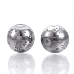 Platinum Plated Christmas Electroplate Glass Beads, Round with Star Pattern, Platinum Plated, 10mm, Hole: 1.2mm