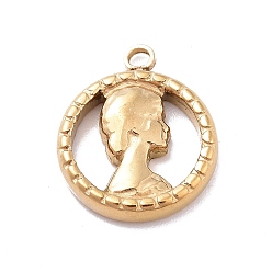 Golden Ion Plating(IP) 304 Stainless Steel Pendants, Ring with Women Charms, Golden, 15.1x12.6x2.4mm, Hole: 1.6mm