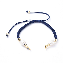 Midnight Blue Braided Nylon Cord for DIY Bracelet Making, with Natural Freshwater Pearl & Brass Findings, Golden, Midnight Blue, 6-7/8 inch(17.5cm), 4mm