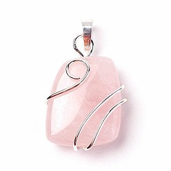 Rose Quartz Natural Rose Quartz Pendants, with Brass Findings, Trapezoid, Silver Color Plated, 32~33x21~23x10~11mm, Hole: 8x5mm