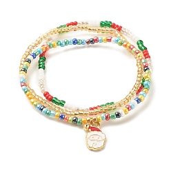 Mixed Color 3Pcs 3 Style Glass Seed Stretch Bracelets Set with Alloy Santa Claus for Women, Mixed Color, Inner Diameter: 2-1/4 inch(5.6cm), 1Pc/style