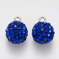 Sapphire Polymer Clay Rhinestone Charms, with Platinum Plated Iron Loop, Round, Pave Disco Ball, Sapphire, PP16(2.2~2.3mm), 15x12mm, Hole: 2mm
