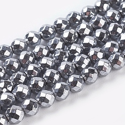 Plaqué Argent Non-magnétiques perles d'hématite synthétique brins, facette, ronde, Plaqué Argent, 3mm, Trou: 1mm