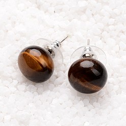 Tiger Eye Tiger Eye Stud Earrings, with Platinum Tone Brass Findings, 21.5x12mm, Pin: 0.7mm