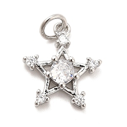 Real Platinum Plated Rack Plating Brass Cubic Zirconia Pendants, Star Charms, Long-Lasting Plated, with Jump Rings, Cadmium Free & Lead Free, Real Platinum Plated, 15x13x3.5mm, Hole: 3.5mm