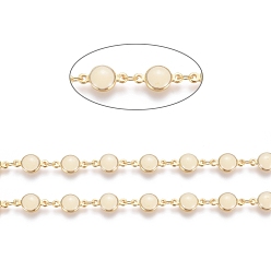 Real 18K Gold Plated Handmade Brass Beaded Chains, with Enamel and Spool, Soldered, Long-Lasting Plated, Flat Round, Antique White, Real 18K Gold Plated, 7x12x3mm, 3x2x1mm, about 32.8 Feet(10m)/roll