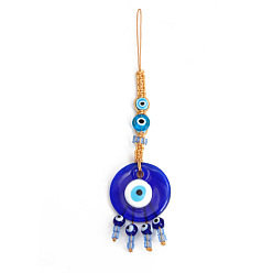 Royal Blue Flat Round with Evil Eye Glass Pendant Decorations, Polyester Braided Hanging Ornament, Royal Blue, 170mm