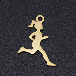 Oro 201 colgantes de acero inoxidable con corte láser, atleta corriendo, dorado, 17x13x1 mm, agujero: 1.4 mm