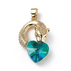 Dark Turquoise Real 18K Gold Plated Rack Plating Brass Micro Pave Clear Cubic Zirconia Pendants, with Glass, Long-Lasting Plated, Cadmium Free & Lead Free, Leopard with Heart Charm, Dark Turquoise, 28.5x17.5x8mm, Hole: 5x3.2mm