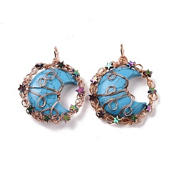 Synthetic Turquoise Synthetic Turquoise Big Pendants, with Rose Gold Tone Rack Plating Brass Findings and Star Non-magnetic Synthetic Hematite, Cadmium Free & Lead Free, Flat Round with Moon Charm, 56~58x42.5~45x10~10.5mm, Hole: 5mm