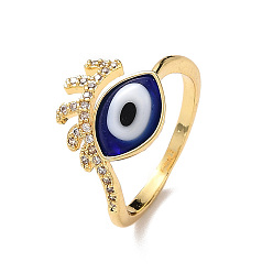 Blue Lampwork Evil Eye Cuff Ring with Clear Cubic Zirconia, Real 18K Gold Plated Brass Jewelry for Women, Blue, Inner Diameter: 18mm