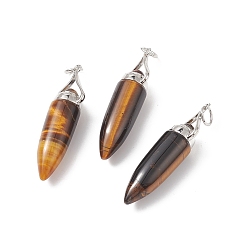 Tiger Eye Natural Tiger Eye Pointed Big Pendants, with Jump Ring, Bullet Charms with Platinum Plated Brass Findings, 51~52x11.7~12.3mm, Hole: 6mm