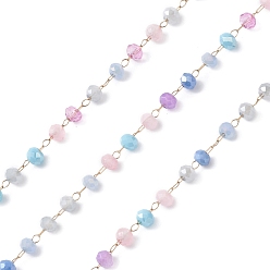 Coloré Main chaînes de perles de verre, facette, non soudée, avec 304 inoxydable chaînes en acier, or, ronde, colorées, 3x2.5mm