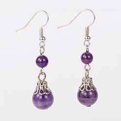 Amethyst Natural Gemstone Dangle Earrings, with Iron Bead Caps and Brass Earring Hooks, Platinum, Amethyst, 47mm, Pin: 0.7mm