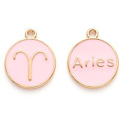 Aries Alloy Enamel Pendants, Cadmium Free & Lead Free, Flat Round with Constellation, Light Gold, Pink, Aries, 22x18x2mm, Hole: 1.5mm