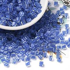 Dark Blue Glass Seed Beads, Transparent Lustered Glass, Square Hole, Square, Dark Blue, 4x4x4mm, Hole: 1.2mm, 5000pcs/pound